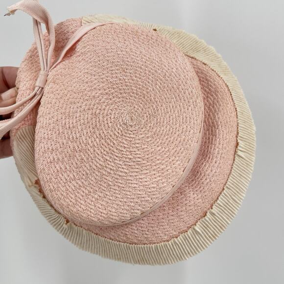 Vtg Pink Woven Straw Wide Brim Sun Hat Grosgrain Ribbon Bow Garden Tea Party main image 8